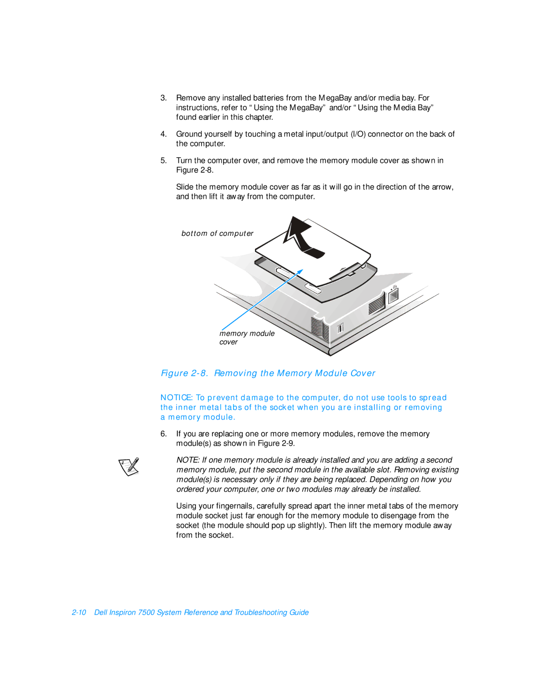 Dell 7500 manual Removing the Memory Module Cover 