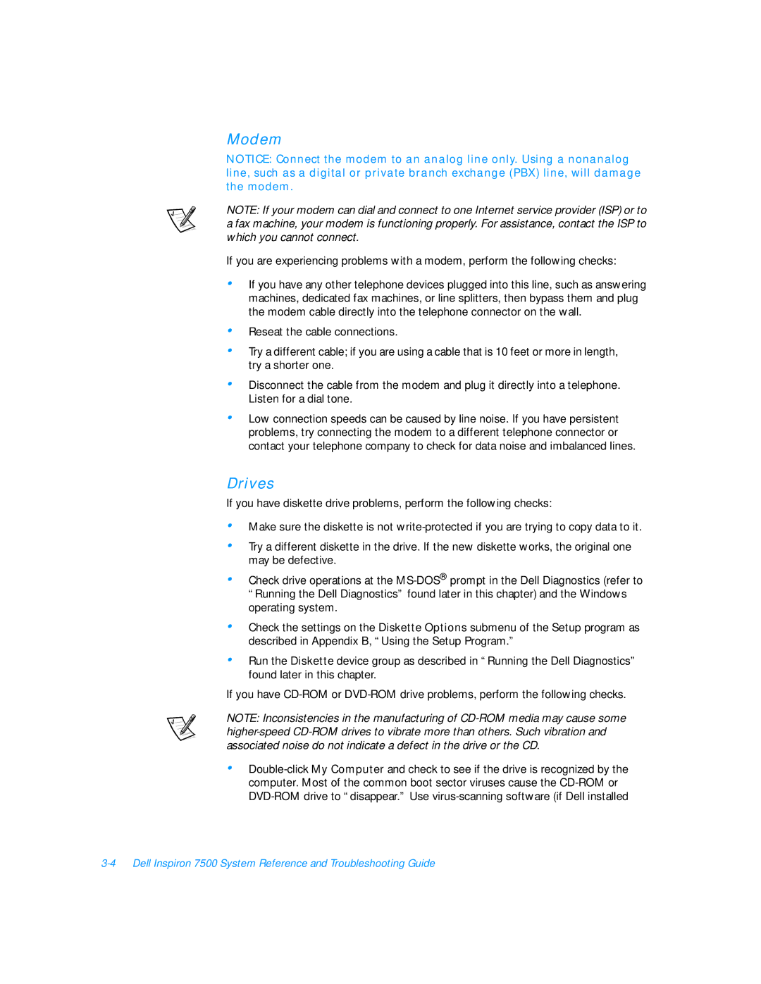 Dell 7500 manual Modem, Drives 