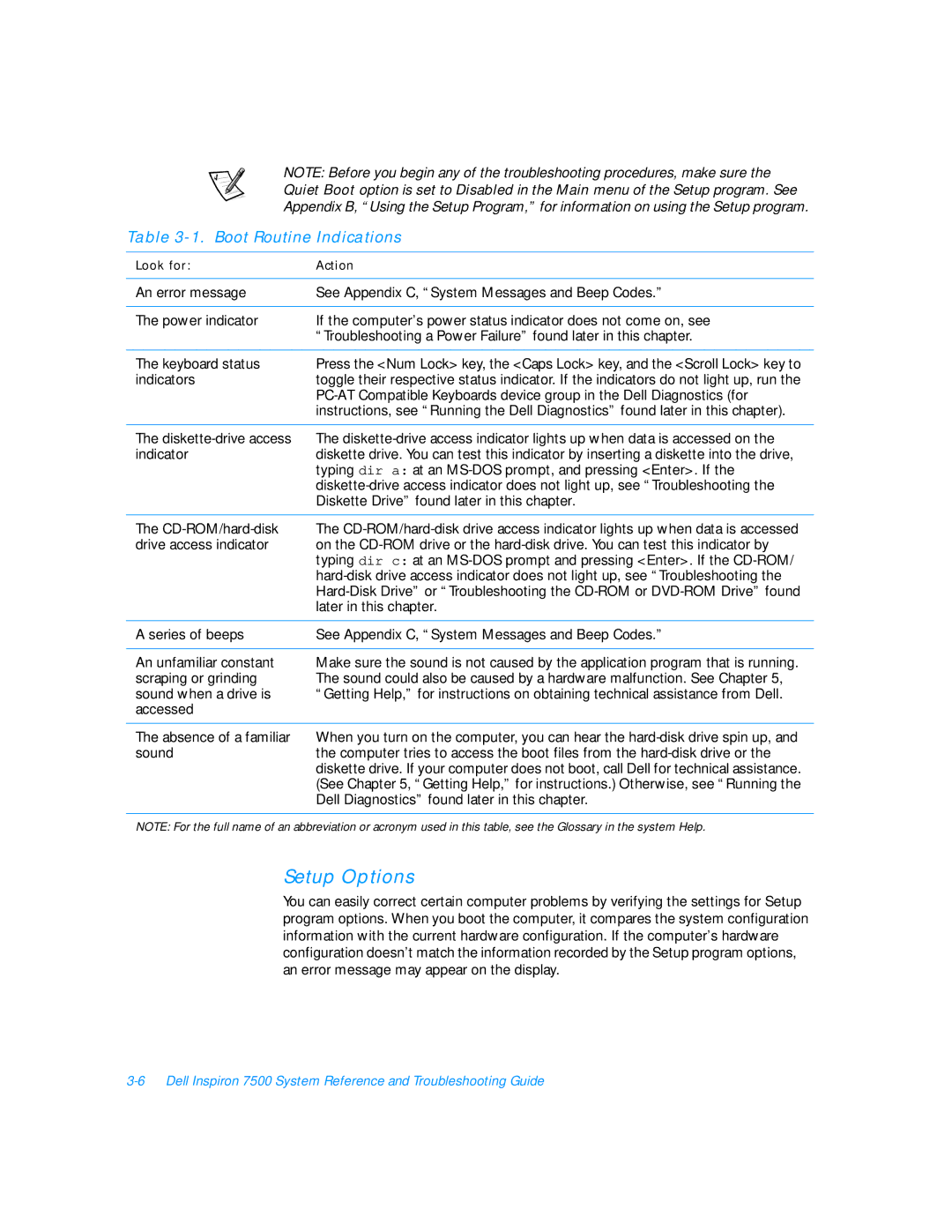 Dell 7500 manual Setup Options, Boot Routine Indications 
