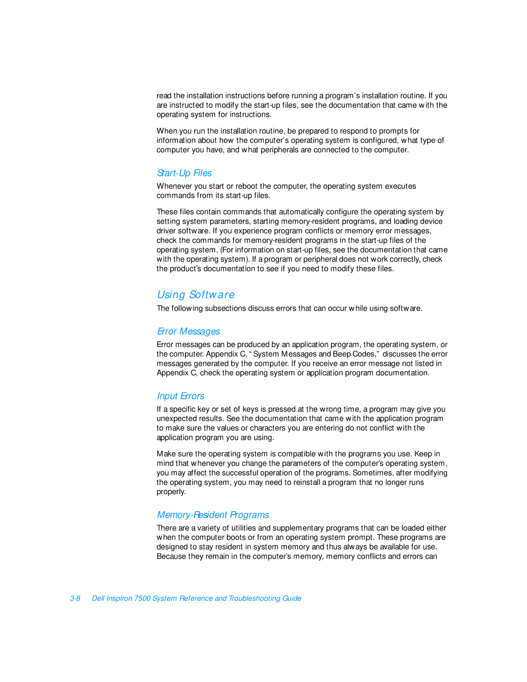 Dell 7500 manual Using Software, Start-Up Files, Error Messages, Input Errors, Memory-Resident Programs 