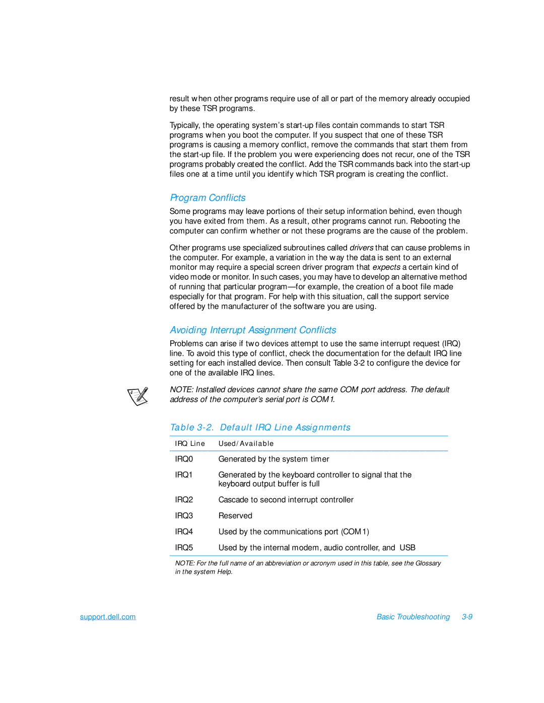 Dell 7500 manual Program Conflicts, Avoiding Interrupt Assignment Conflicts 