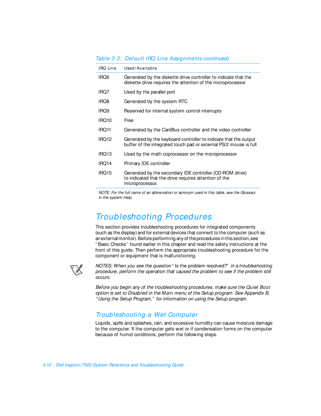 Dell 7500 manual Troubleshooting Procedures, Troubleshooting a Wet Computer 