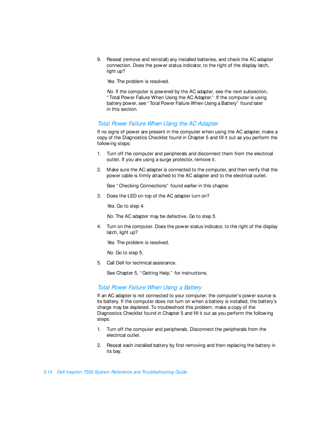 Dell 7500 manual Total Power Failure When Using the AC Adapter, Total Power Failure When Using a Battery 
