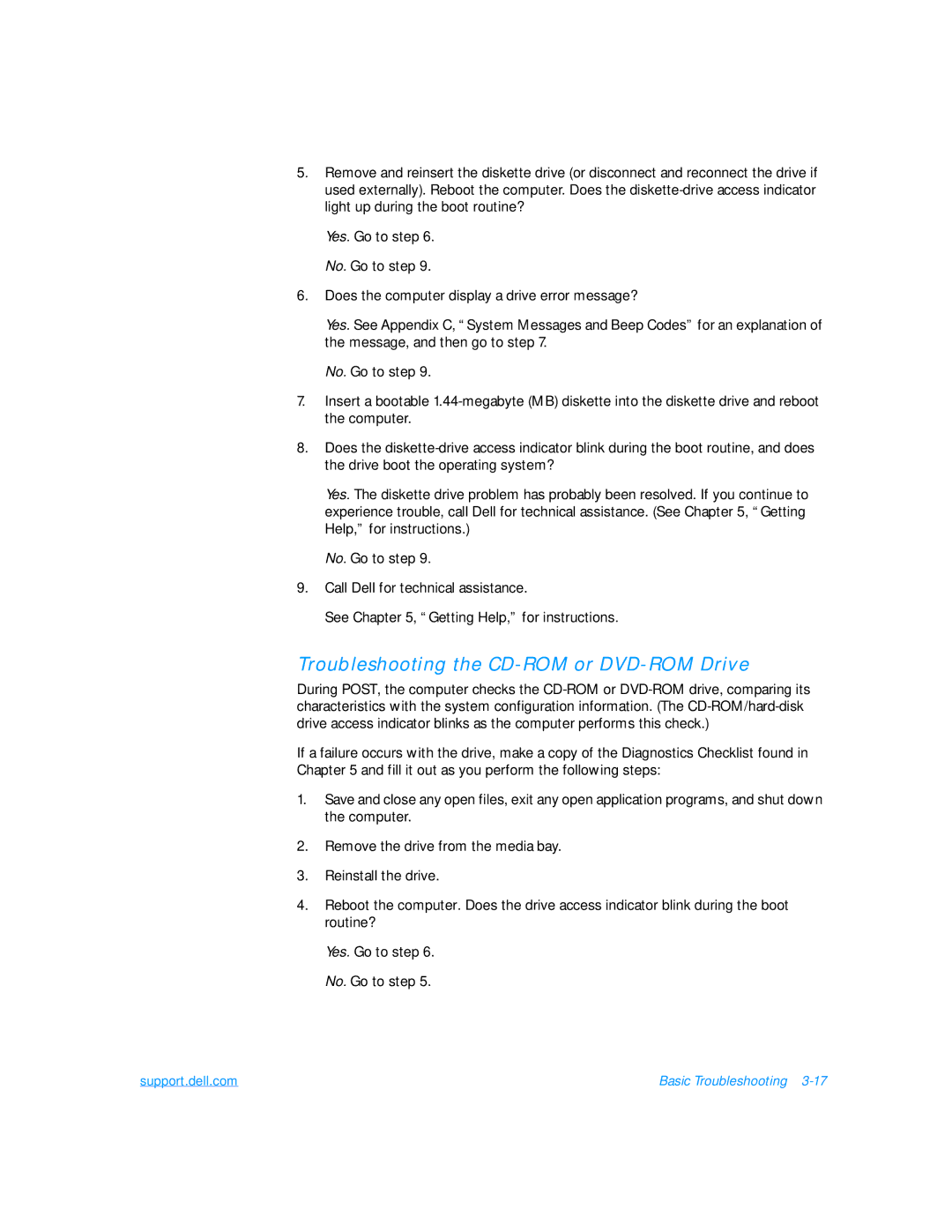 Dell 7500 manual Troubleshooting the CD-ROM or DVD-ROM Drive 