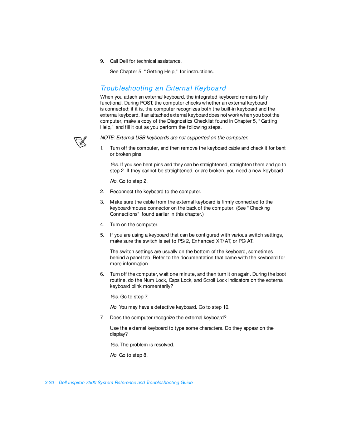 Dell 7500 manual Troubleshooting an External Keyboard 