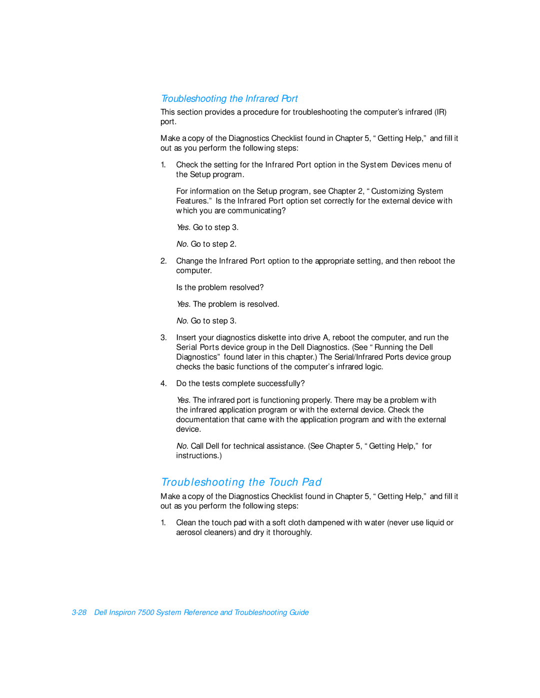 Dell 7500 manual Troubleshooting the Touch Pad, Troubleshooting the Infrared Port 