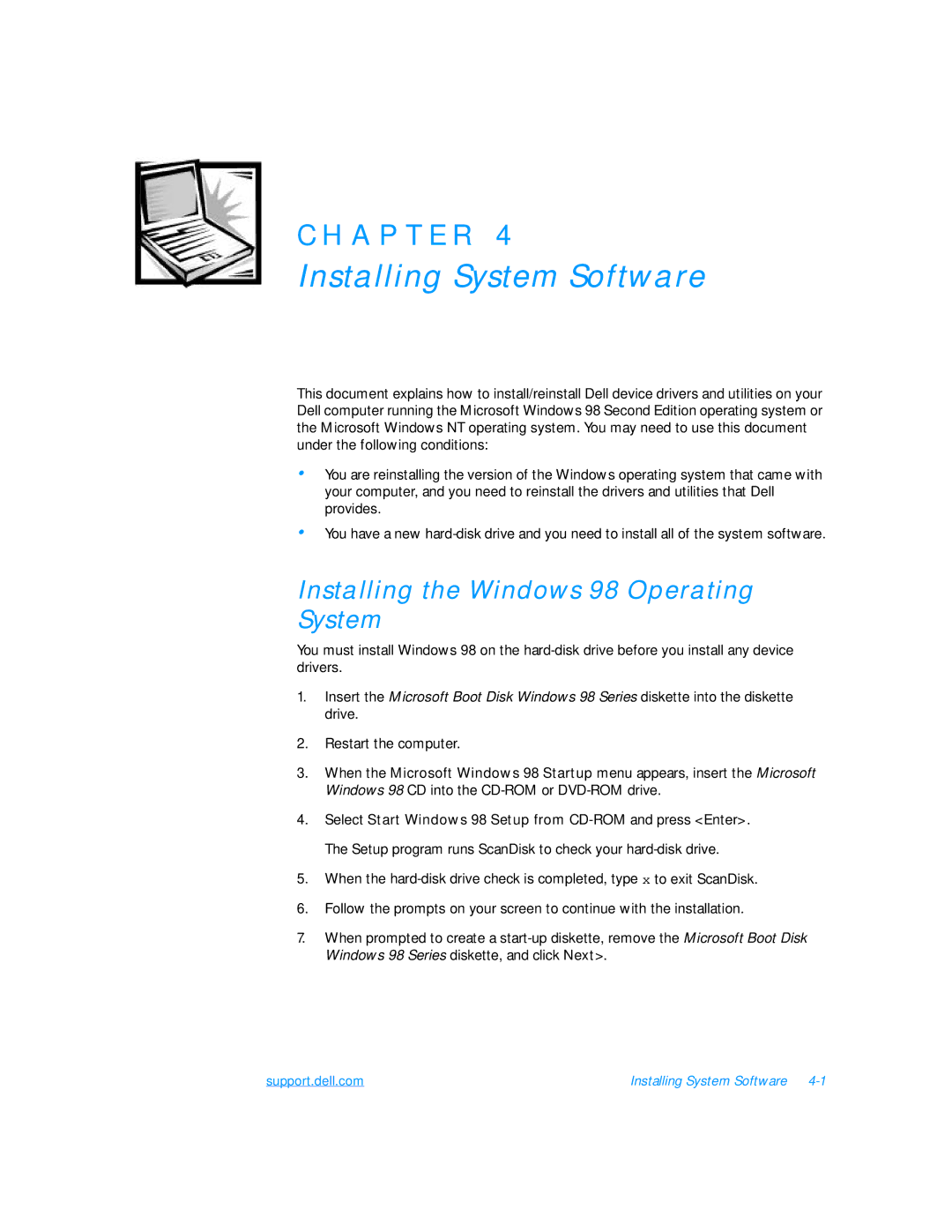 Dell 7500 manual Installing System Software, Installing the Windows 98 Operating System 