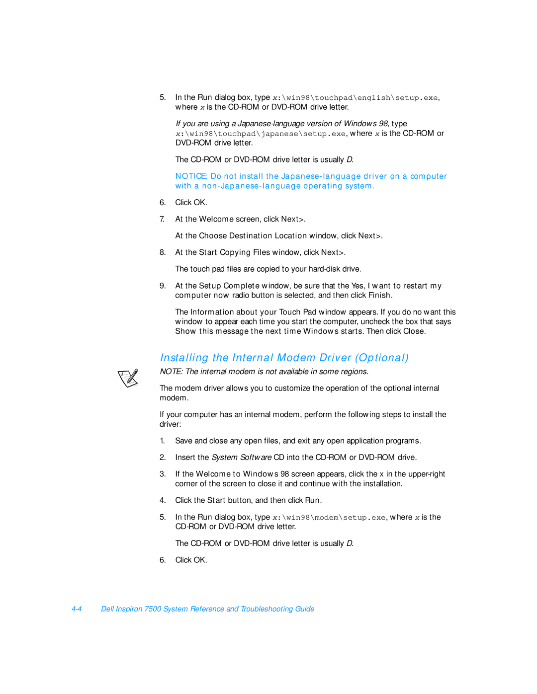 Dell 7500 manual Installing the Internal Modem Driver Optional 