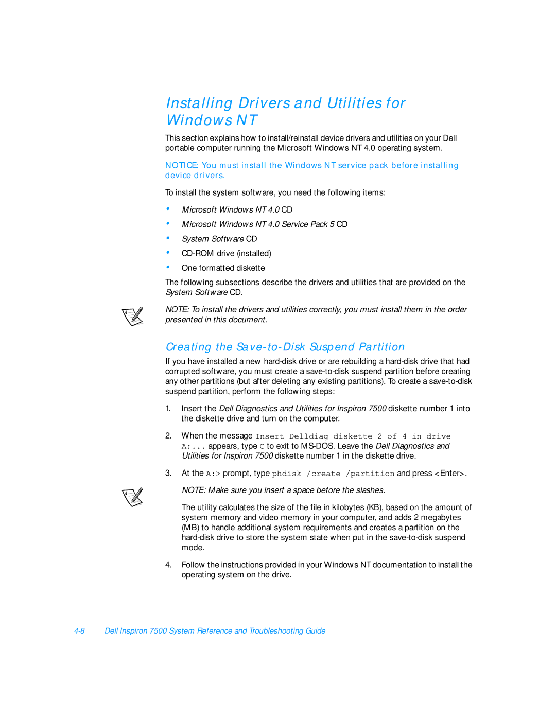Dell 7500 manual Installing Drivers and Utilities for Windows NT, Creating the Save-to-Disk Suspend Partition 
