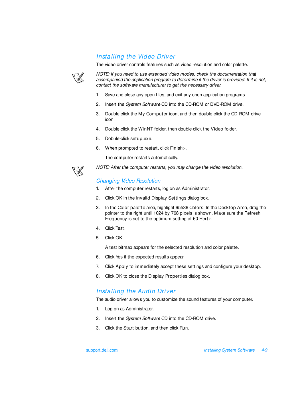 Dell 7500 manual Changing Video Resolution, Click OK in the Invalid Display Settings dialog box 