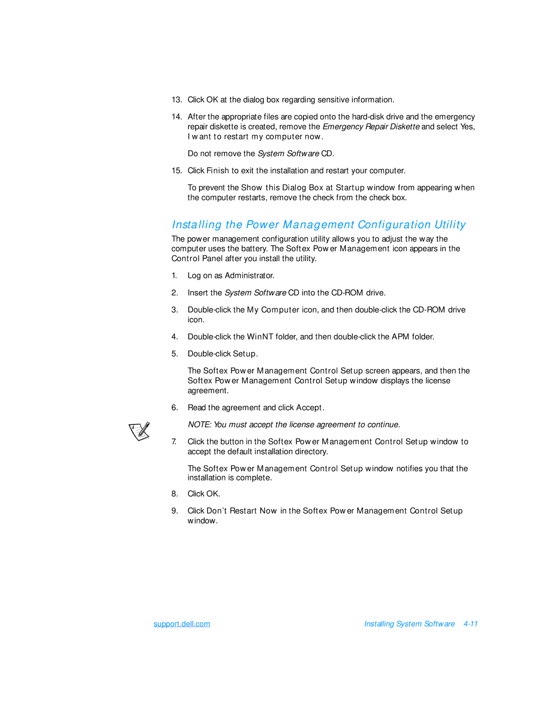 Dell 7500 manual Installing the Power Management Configuration Utility, Want to restart my computer now 