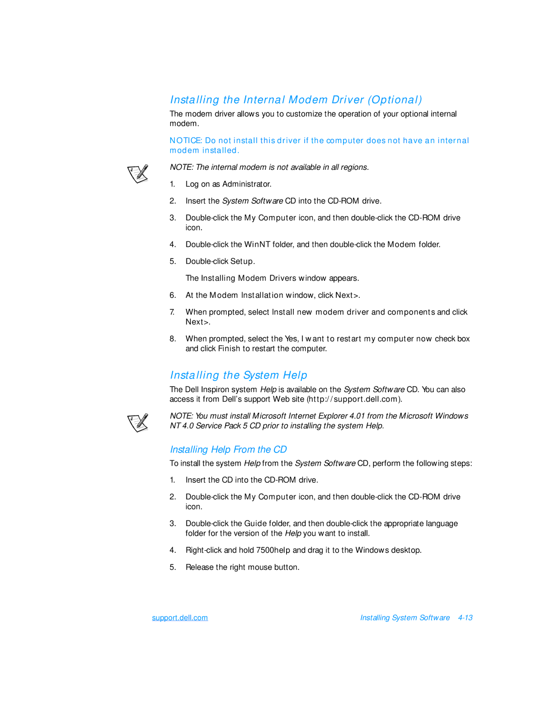 Dell 7500 manual Installing the Internal Modem Driver Optional 