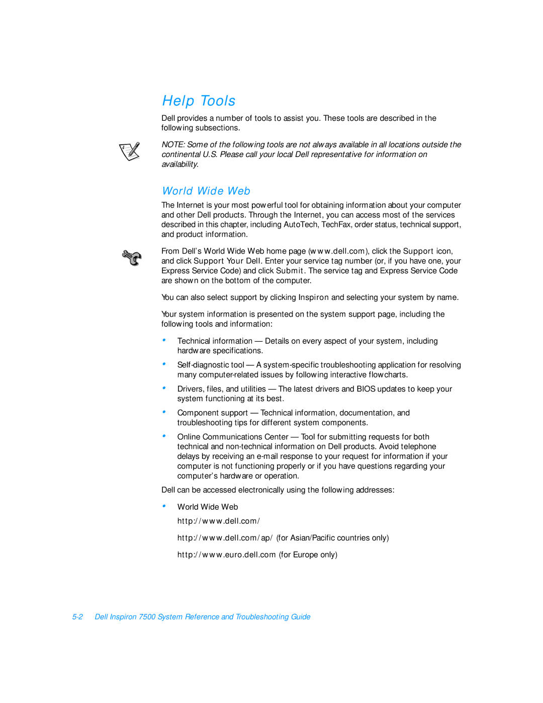 Dell 7500 manual Help Tools, World Wide Web 