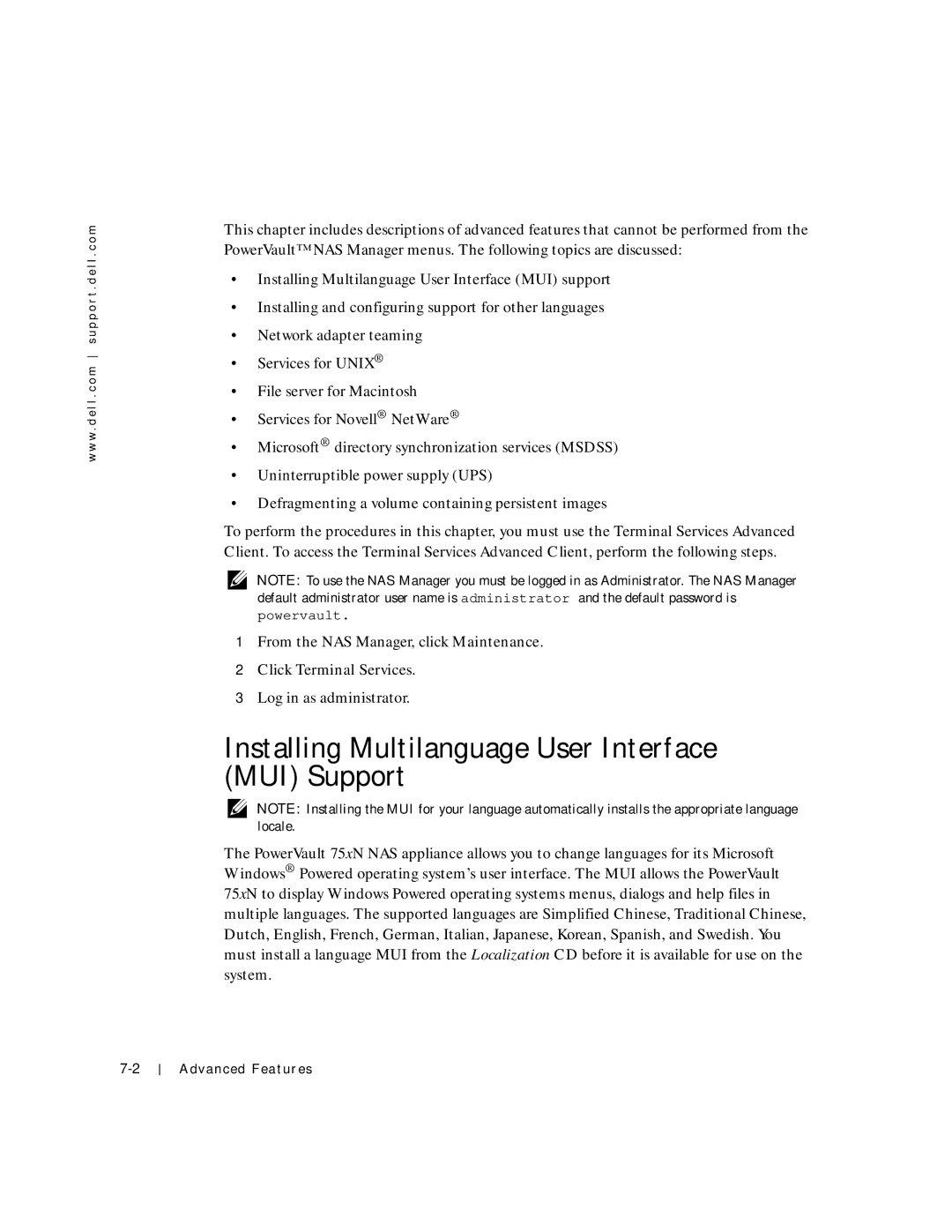 Dell 750N. 755N manual Installing Multilanguage User Interface MUI Support, Click Terminal Services 