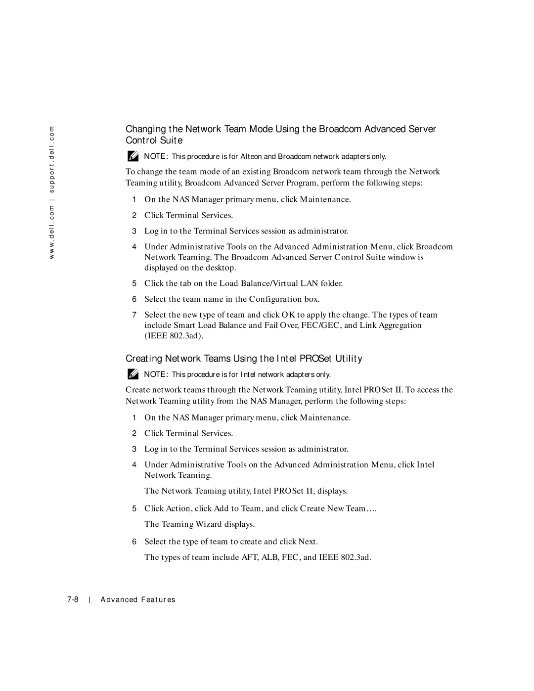 Dell 750N. 755N manual Creating Network Teams Using the Intel PROSet Utility 