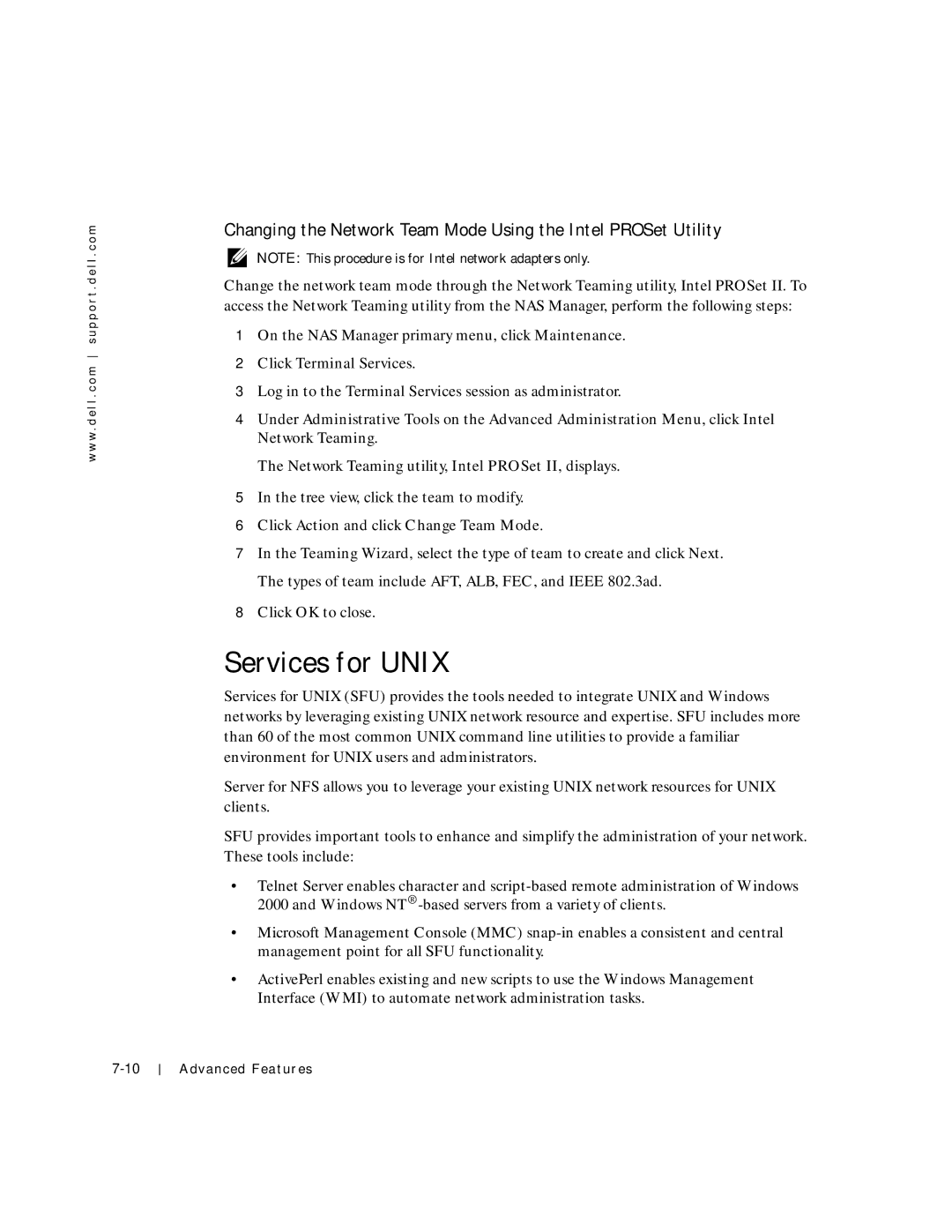 Dell 750N. 755N manual Services for Unix, Click Action and click Change Team Mode 