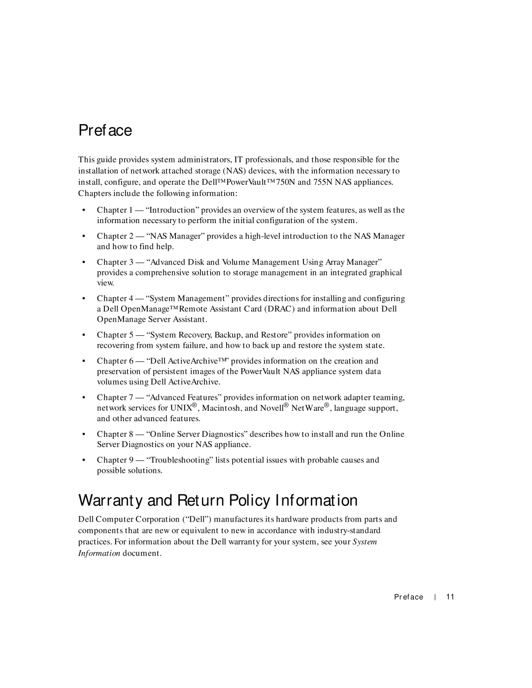 Dell 750N. 755N manual Preface, Warranty and Return Policy Information 