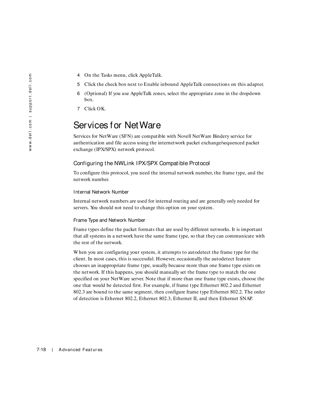 Dell 750N. 755N manual Services for NetWare, Configuring the NWLink IPX/SPX Compatible Protocol, Internal Network Number 