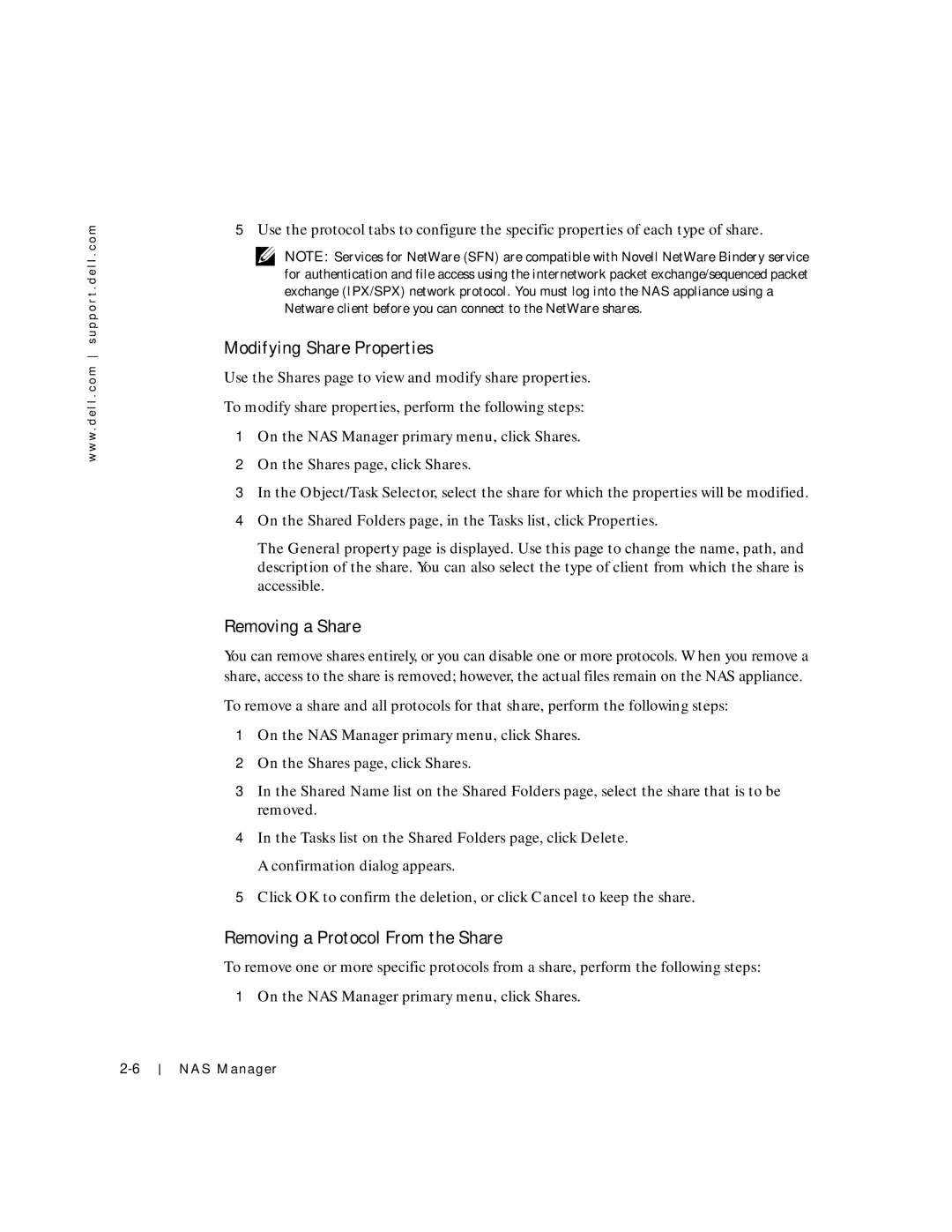 Dell 750N. 755N manual Modifying Share Properties, Removing a Share, Removing a Protocol From the Share 