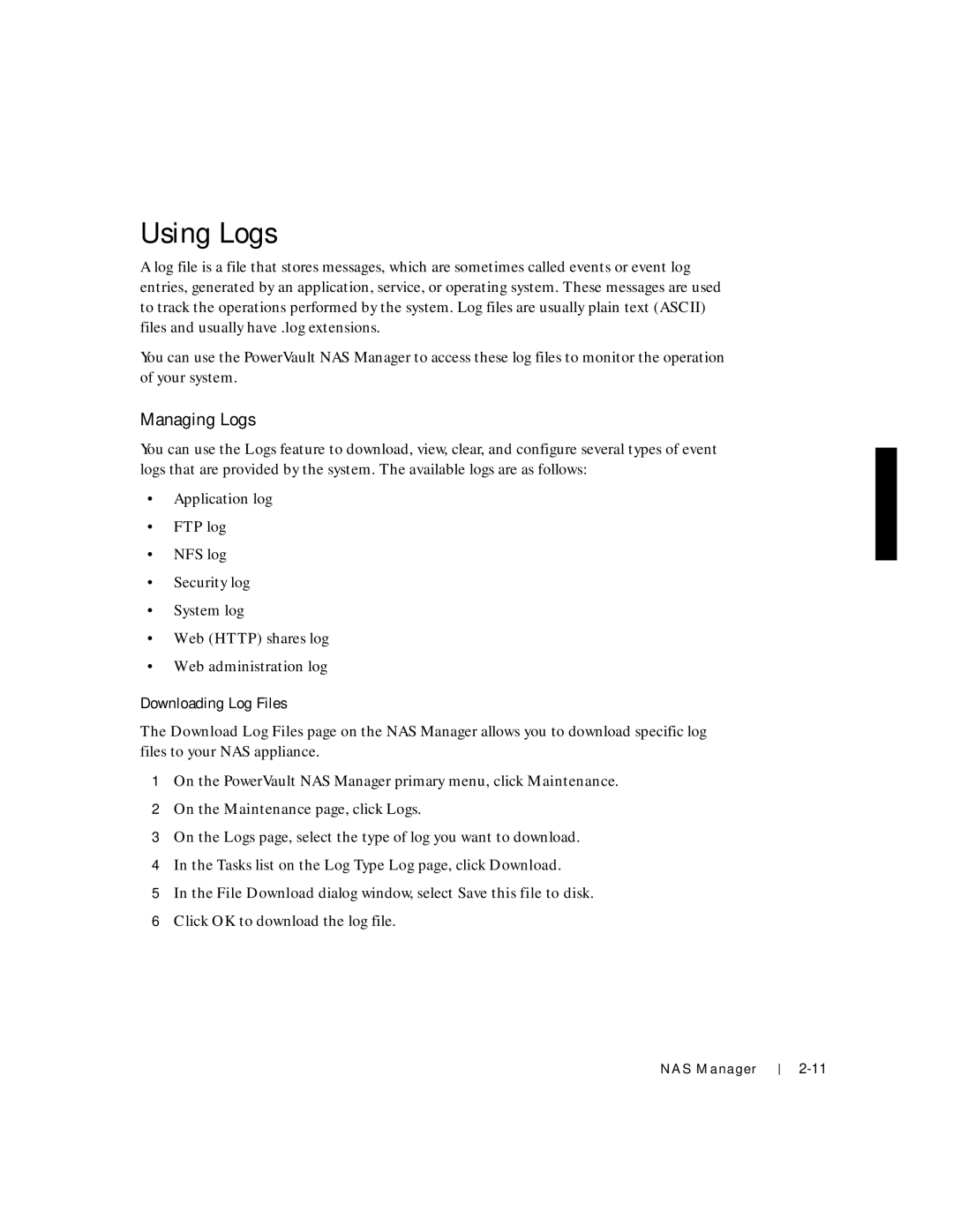 Dell 750N. 755N manual Using Logs, Managing Logs, Downloading Log Files 