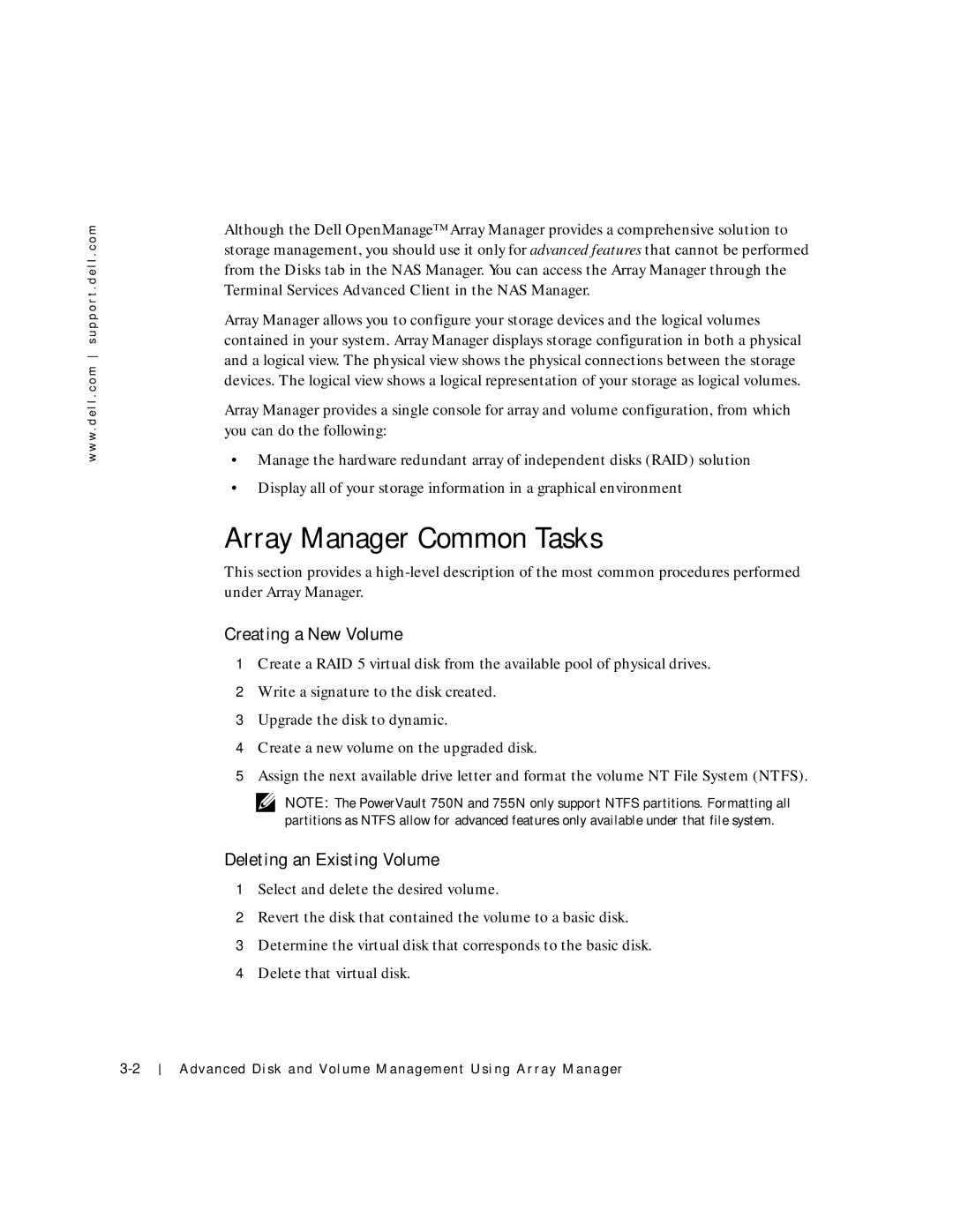 Dell 750N. 755N manual Array Manager Common Tasks, Creating a New Volume, Deleting an Existing Volume 