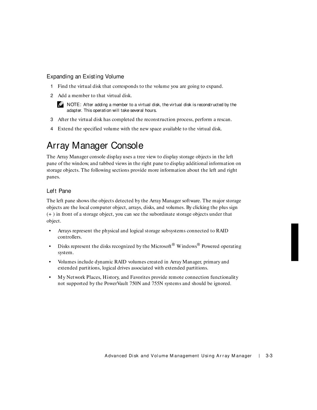 Dell 750N. 755N manual Array Manager Console, Expanding an Existing Volume, Left Pane 