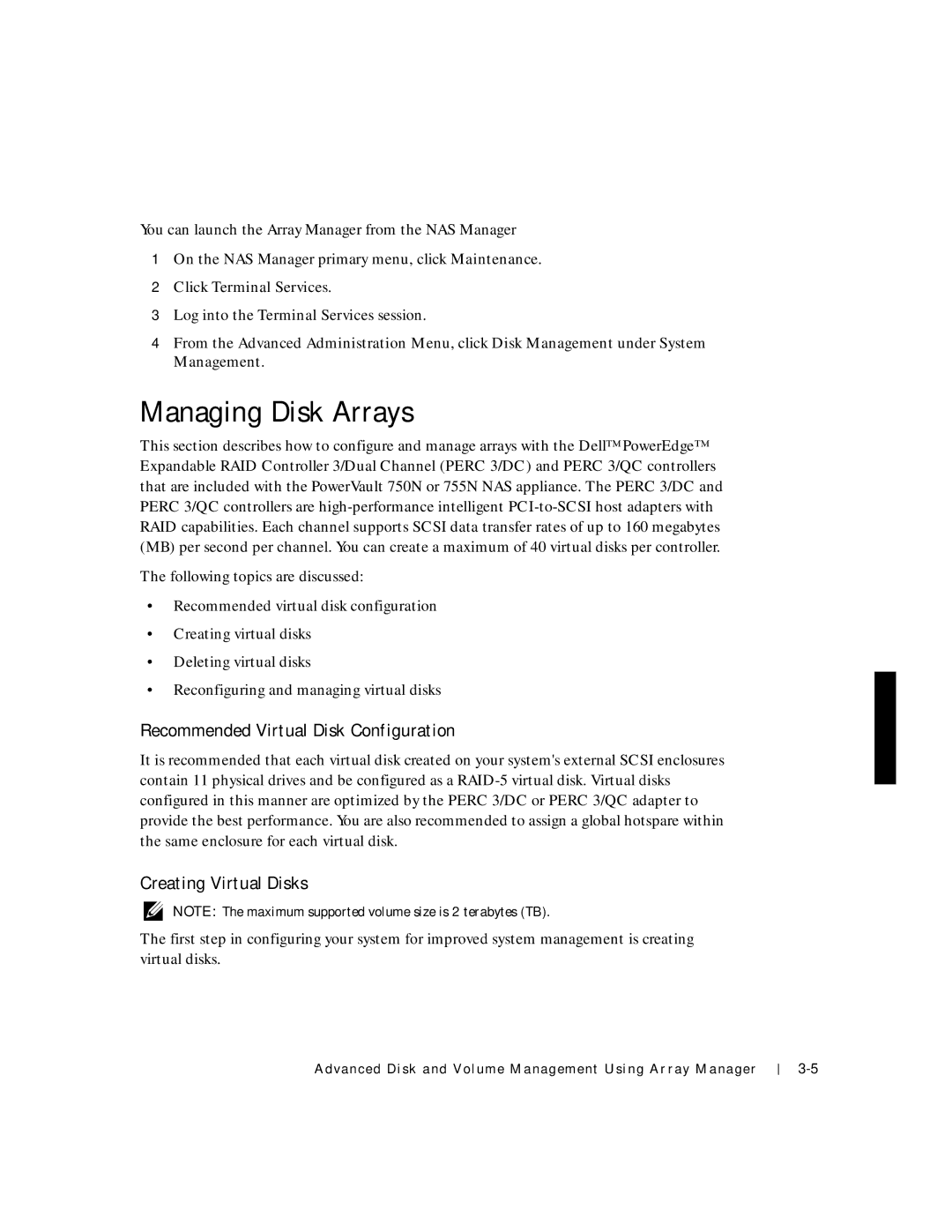 Dell 750N. 755N manual Managing Disk Arrays, Recommended Virtual Disk Configuration, Creating Virtual Disks 