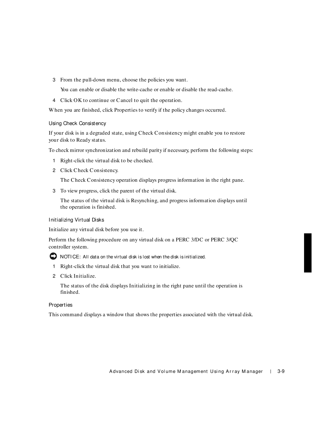 Dell 750N. 755N Using Check Consistency, Click Check Consistency, Initializing Virtual Disks, Click Initialize, Properties 