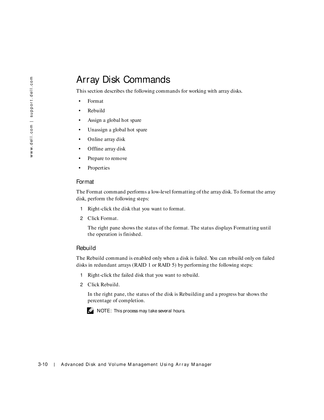 Dell 750N. 755N manual Array Disk Commands, Format, Rebuild 