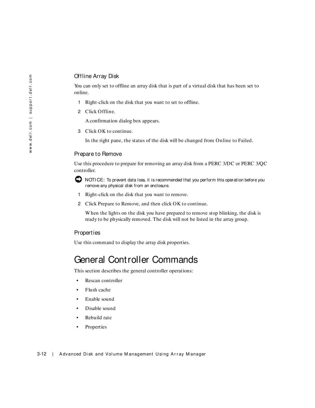 Dell 750N. 755N manual General Controller Commands, Offline Array Disk, Prepare to Remove, Properties 