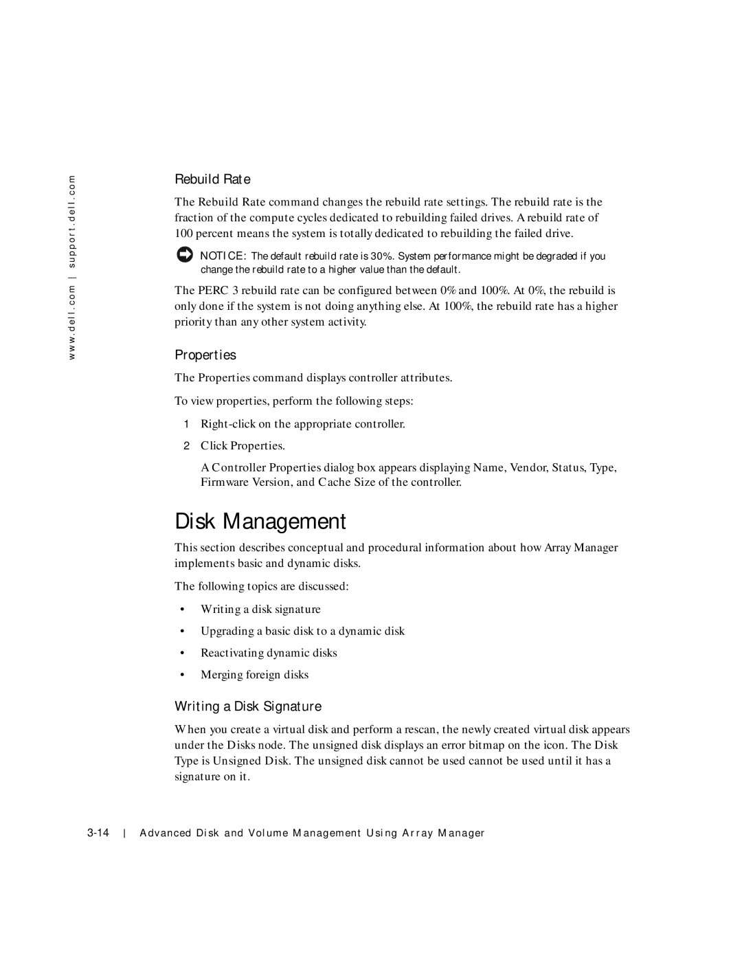 Dell 750N. 755N manual Disk Management, Rebuild Rate, Writing a Disk Signature 