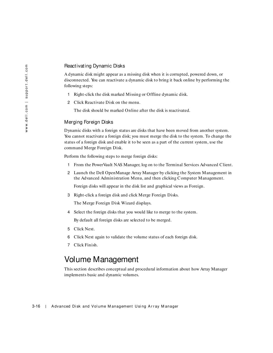 Dell 750N. 755N manual Volume Management, Reactivating Dynamic Disks, Merging Foreign Disks 