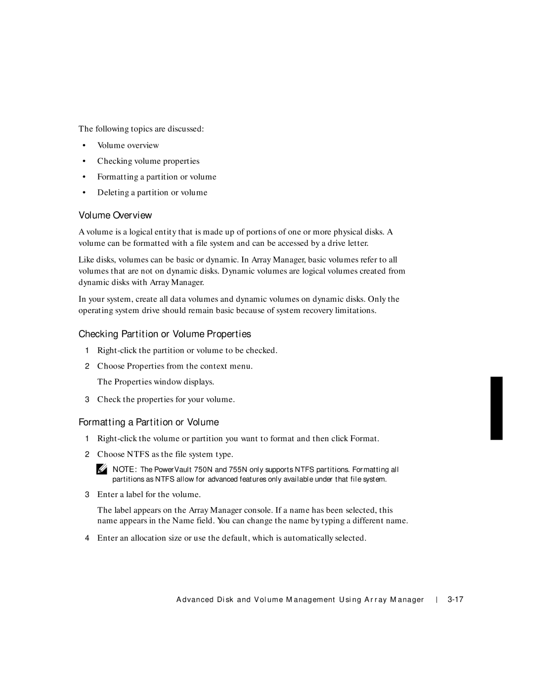 Dell 750N. 755N manual Volume Overview, Checking Partition or Volume Properties, Formatting a Partition or Volume 