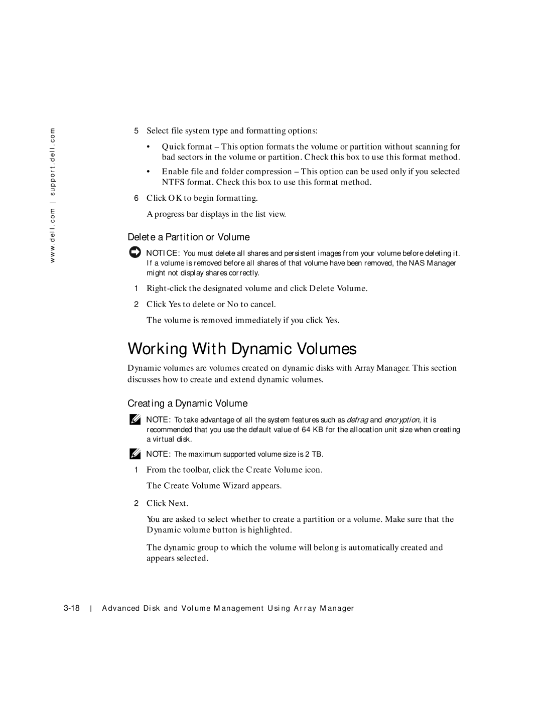 Dell 750N. 755N manual Working With Dynamic Volumes, Delete a Partition or Volume, Creating a Dynamic Volume 