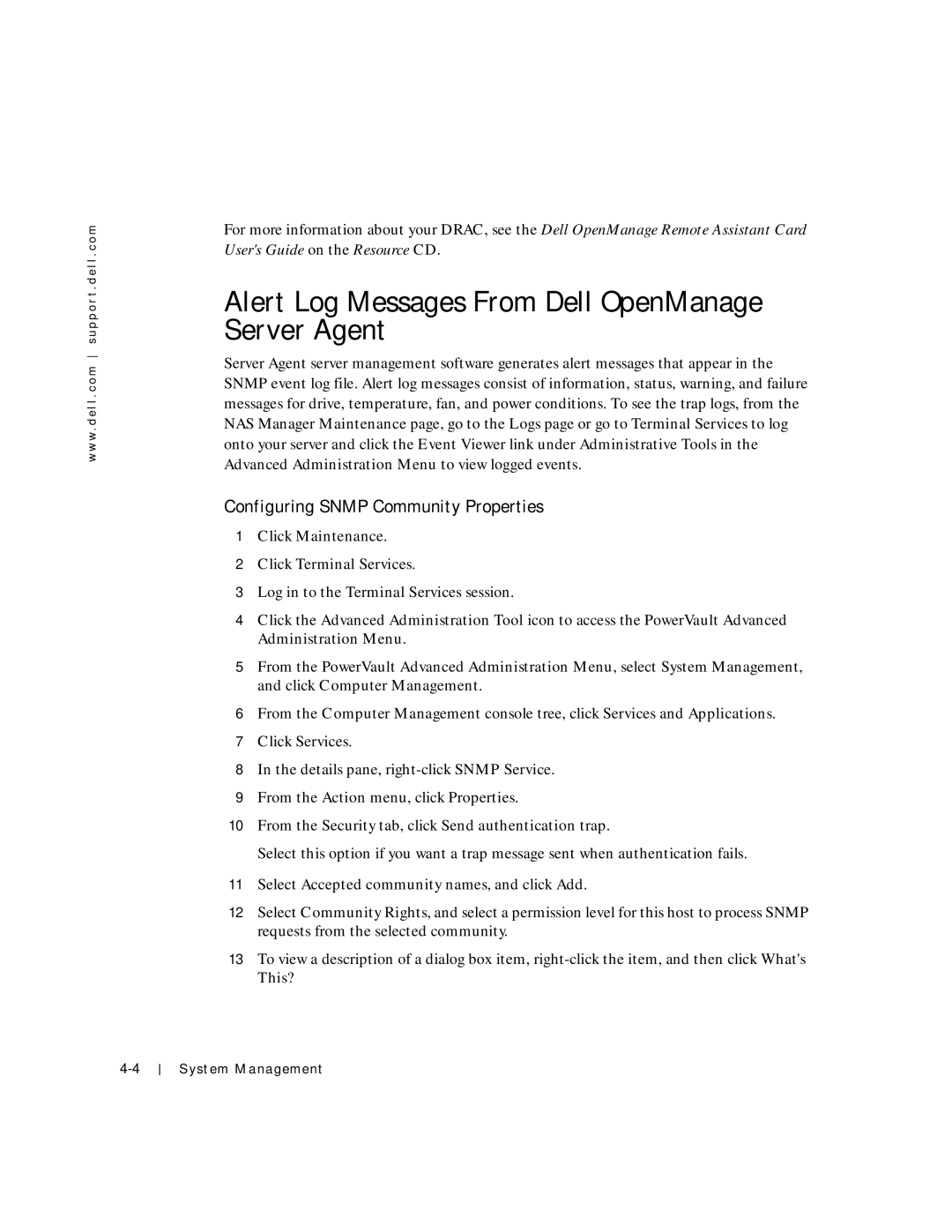 Dell 750N. 755N manual Alert Log Messages From Dell OpenManage Server Agent, Configuring Snmp Community Properties 