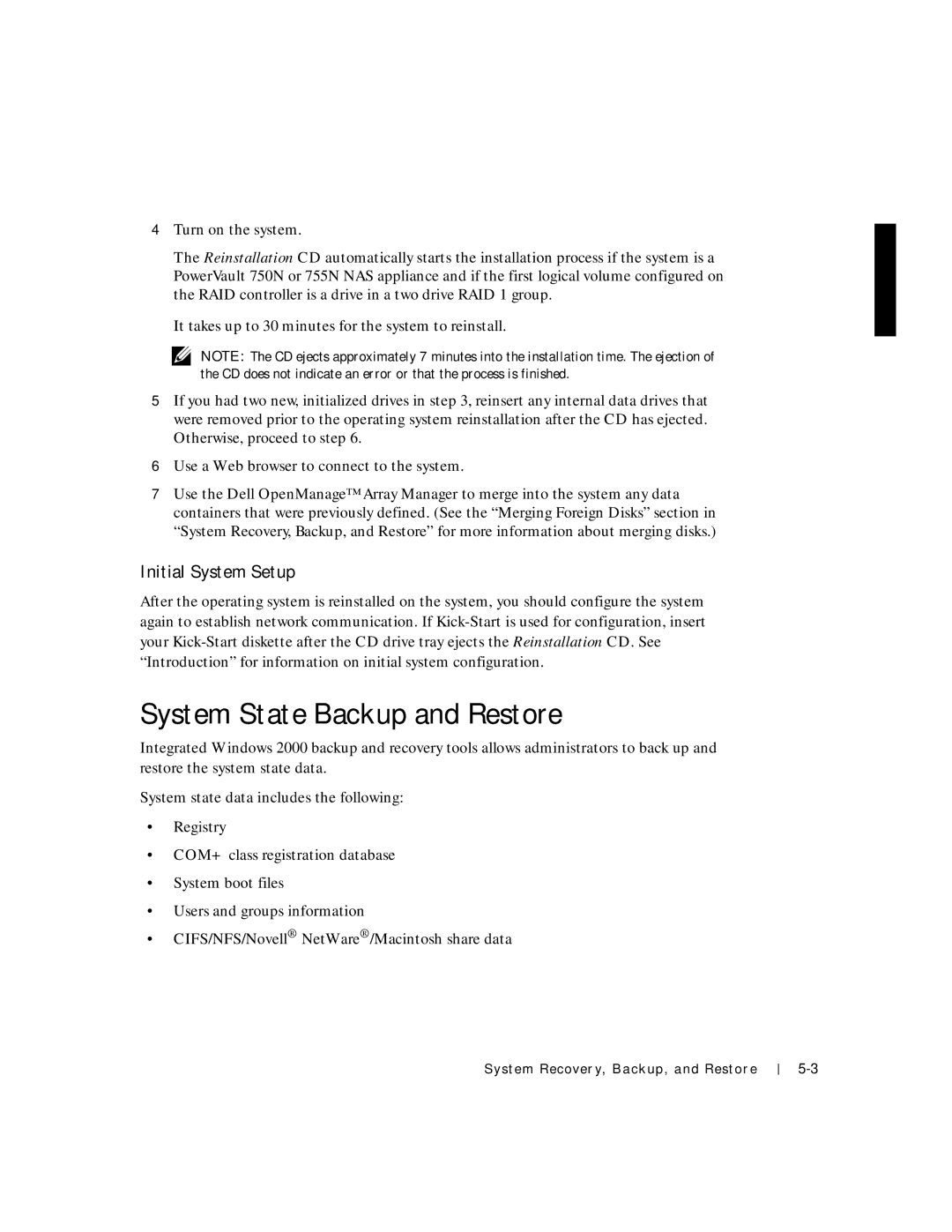 Dell 750N. 755N manual System State Backup and Restore, Initial System Setup 