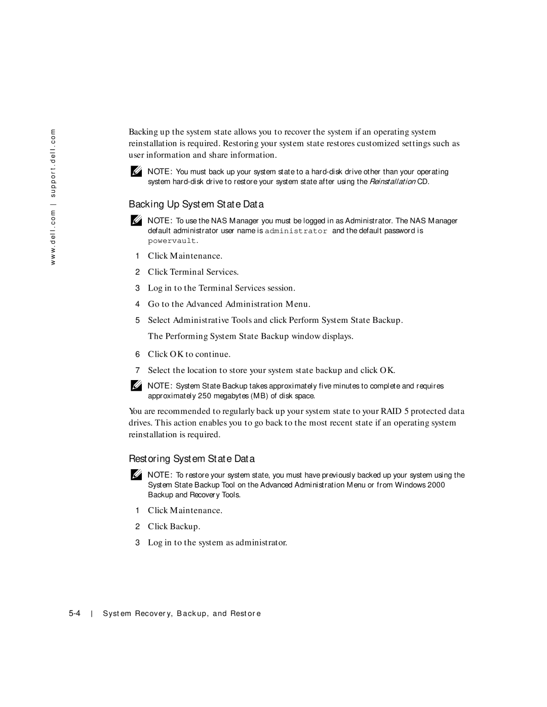Dell 750N. 755N manual Backing Up System State Data, Restoring System State Data, Click Maintenance 