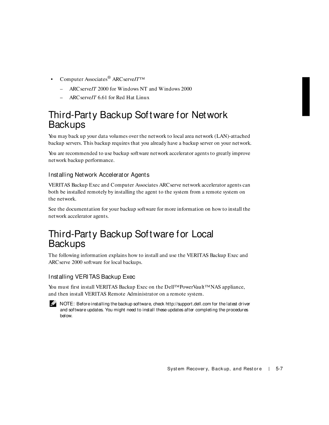 Dell 750N. 755N manual Third-Party Backup Software for Network Backups, Third-Party Backup Software for Local Backups 