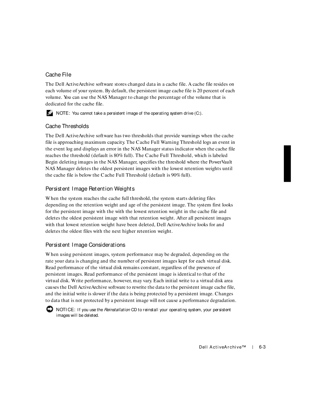 Dell 750N. 755N manual Cache File, Cache Thresholds, Persistent Image Retention Weights, Persistent Image Considerations 