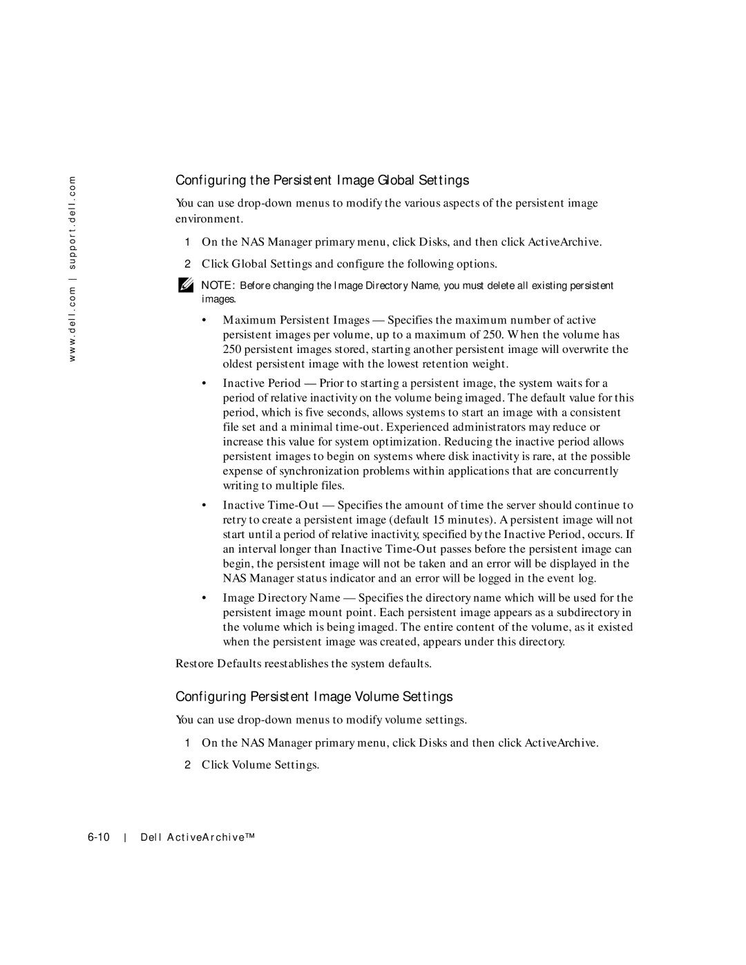 Dell 750N. 755N manual Configuring the Persistent Image Global Settings, Configuring Persistent Image Volume Settings 