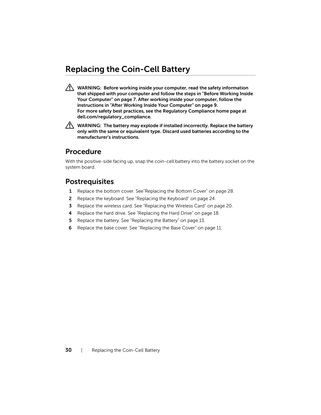 Dell 7537, P36F owner manual Replacing the Coin-Cell Battery 