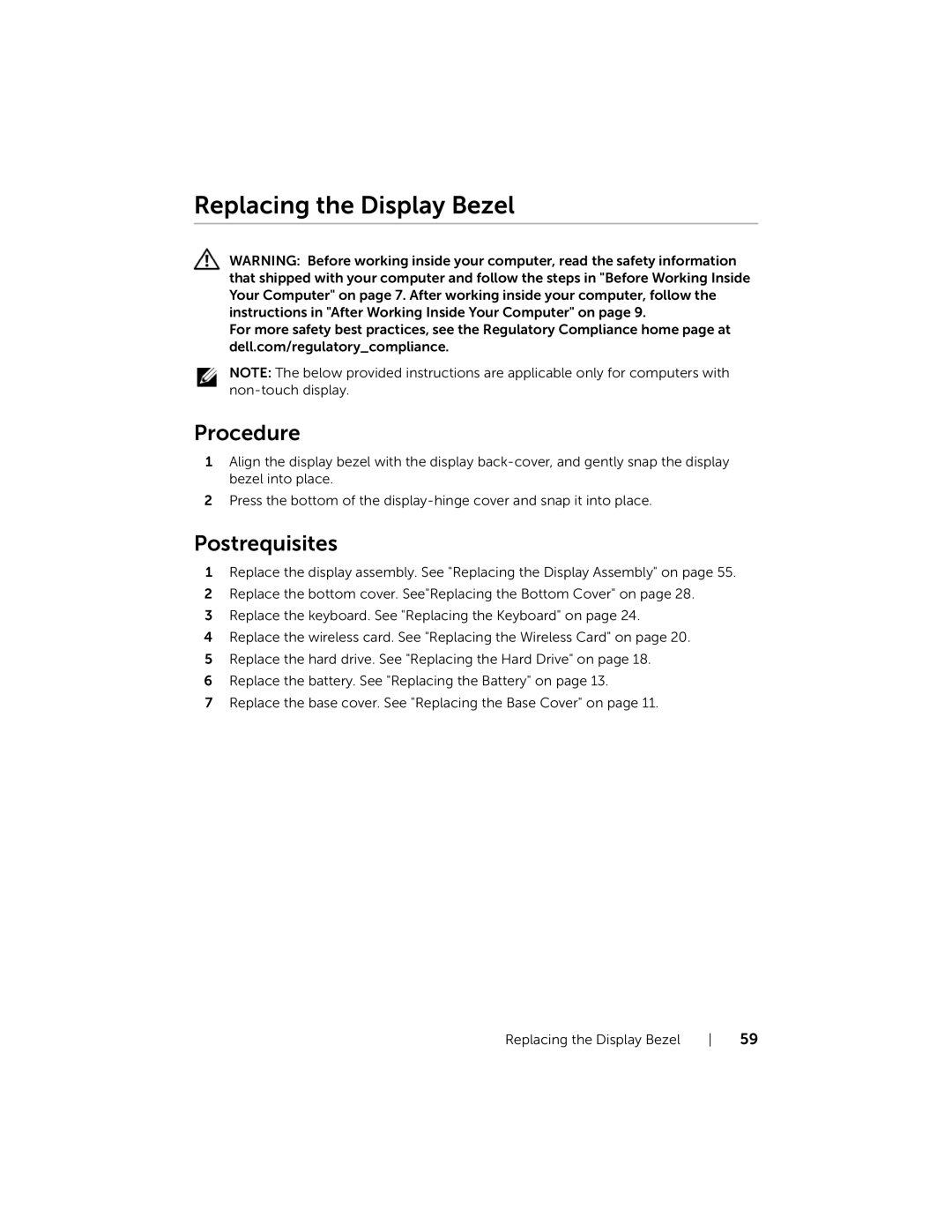 Dell P36F, 7537 owner manual Replacing the Display Bezel 