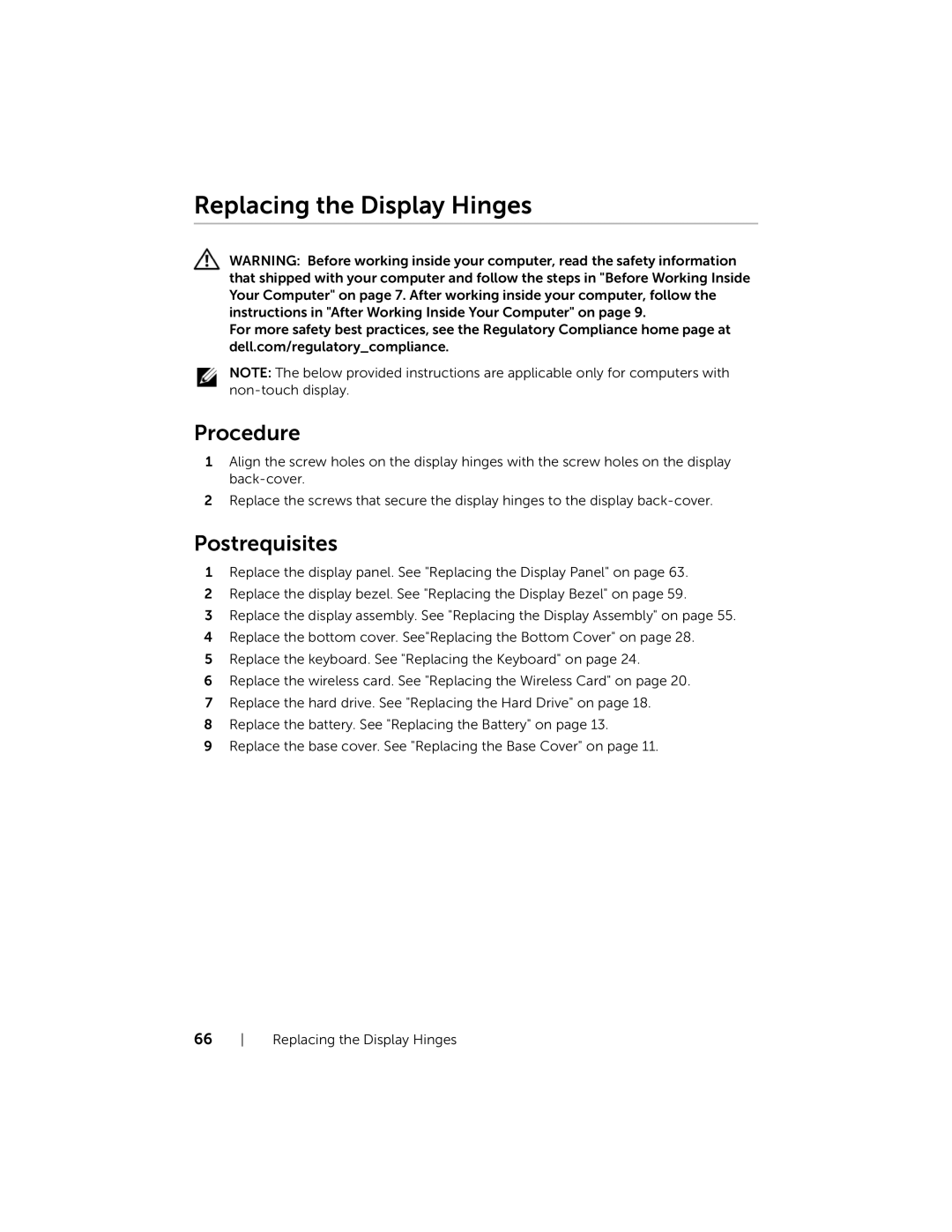 Dell 7537, P36F owner manual Replacing the Display Hinges 