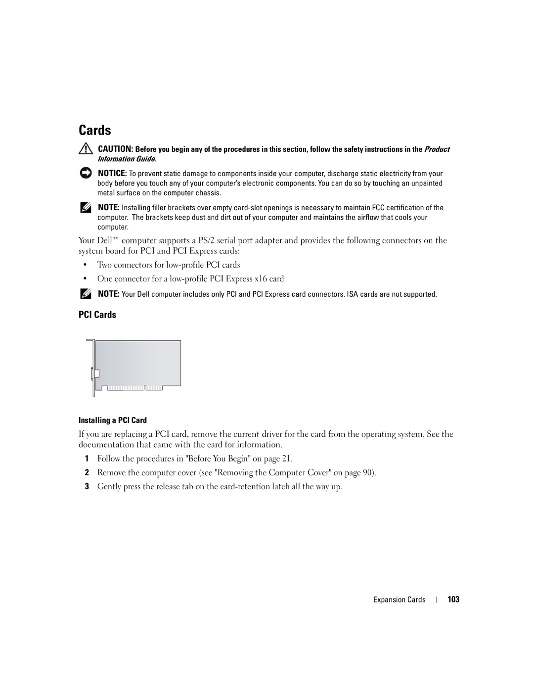 Dell 755 manual PCI Cards, 103, Expansion Cards 
