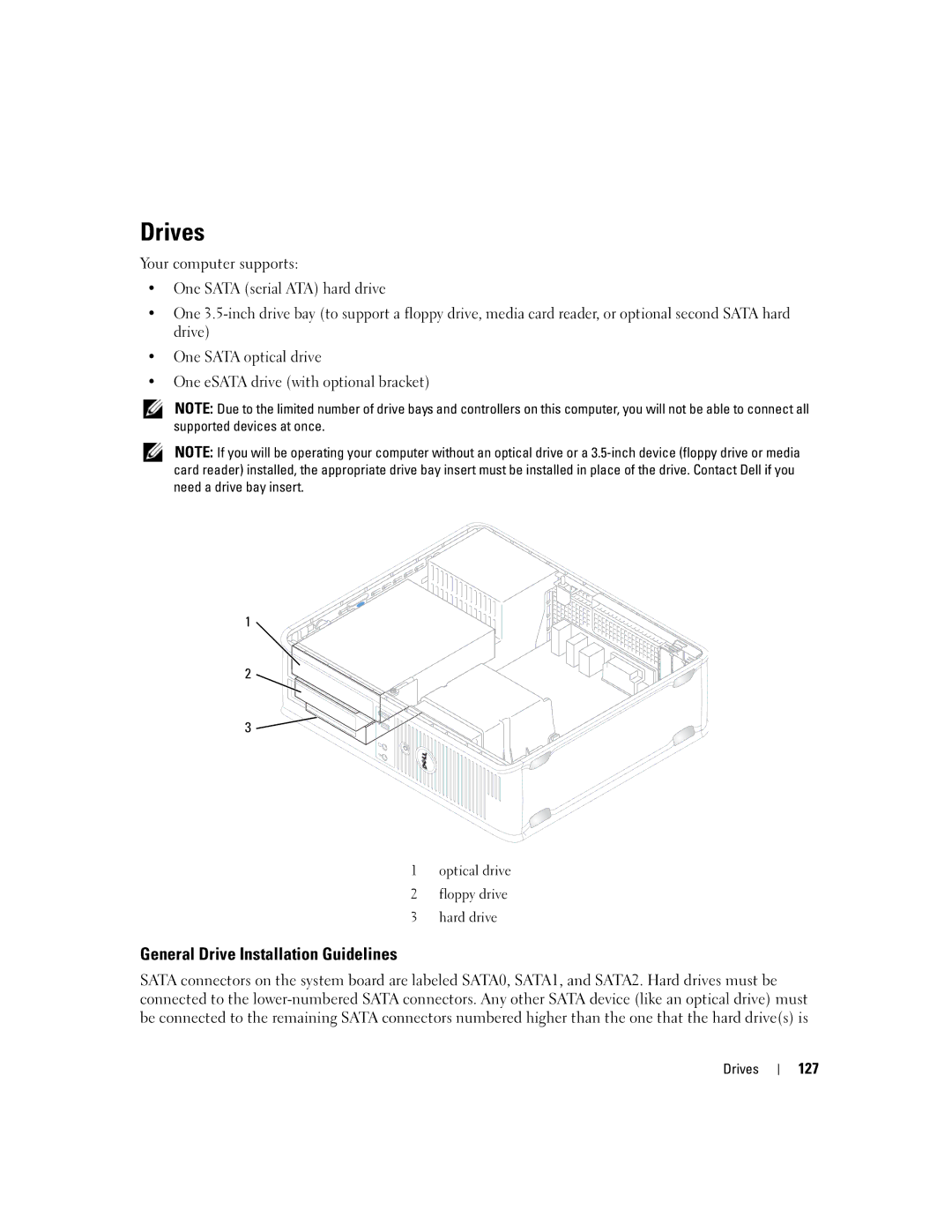 Dell 755 manual Drives, 127 