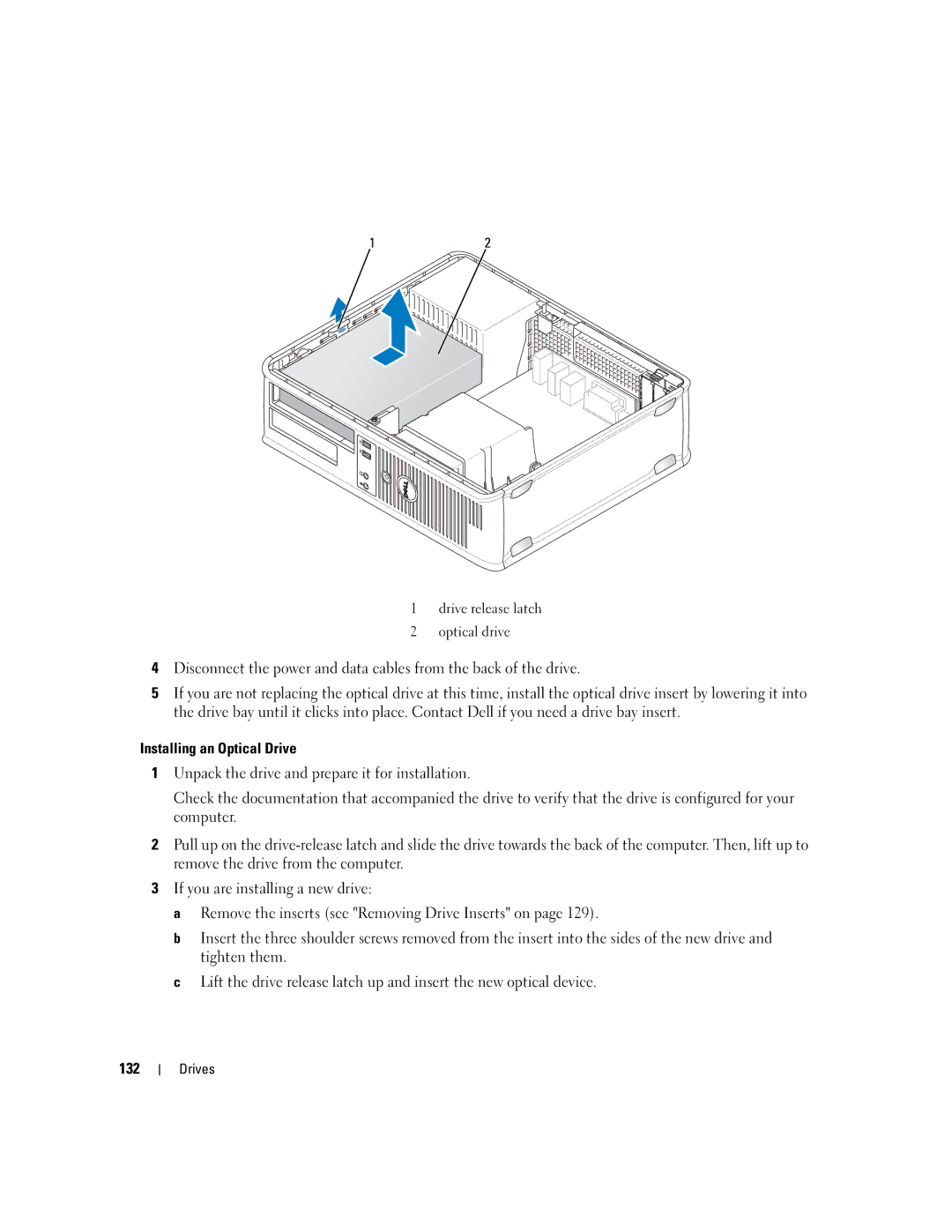 Dell 755 manual Drive release latch Optical drive 