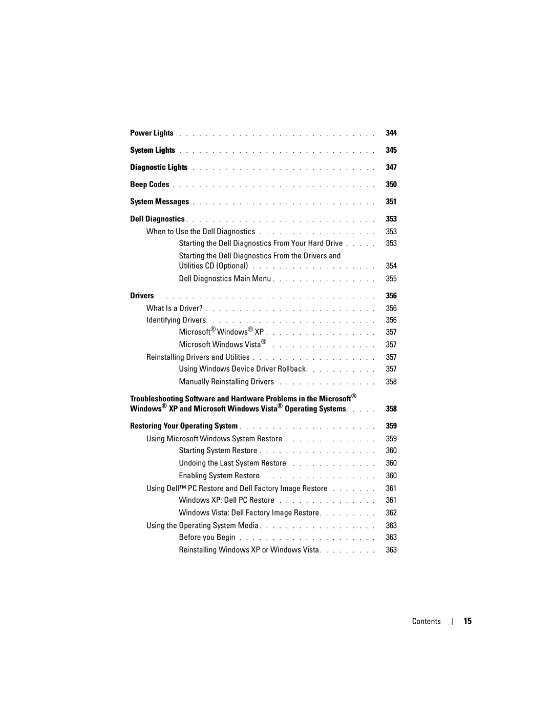 Dell 755 manual 345, 347, 350, 351, 353, 354, 355, 356, 357, Using Microsoft Windows System Restore 359, 360, 363 