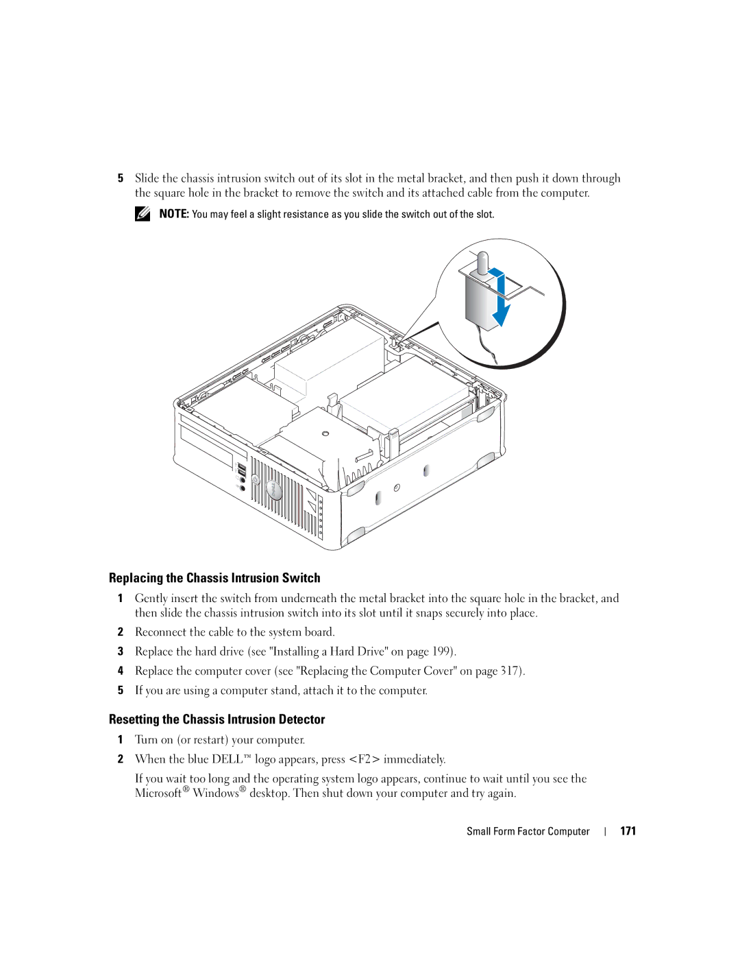 Dell 755 manual Replacing the Chassis Intrusion Switch, 171 