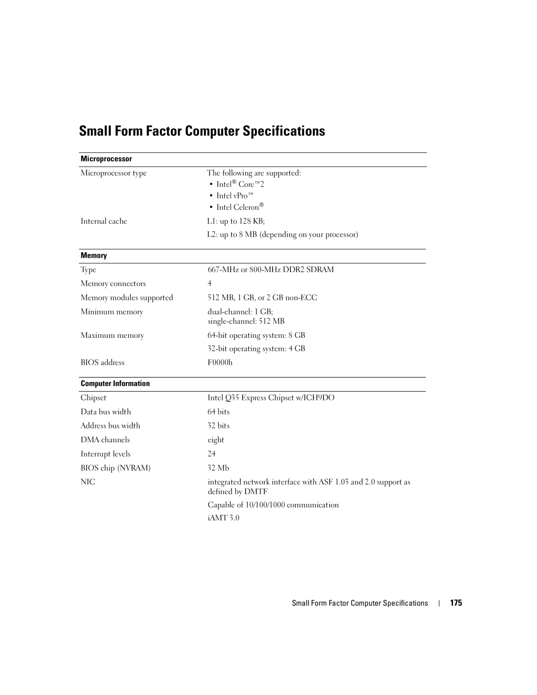 Dell 755 manual Small Form Factor Computer Specifications, 175 