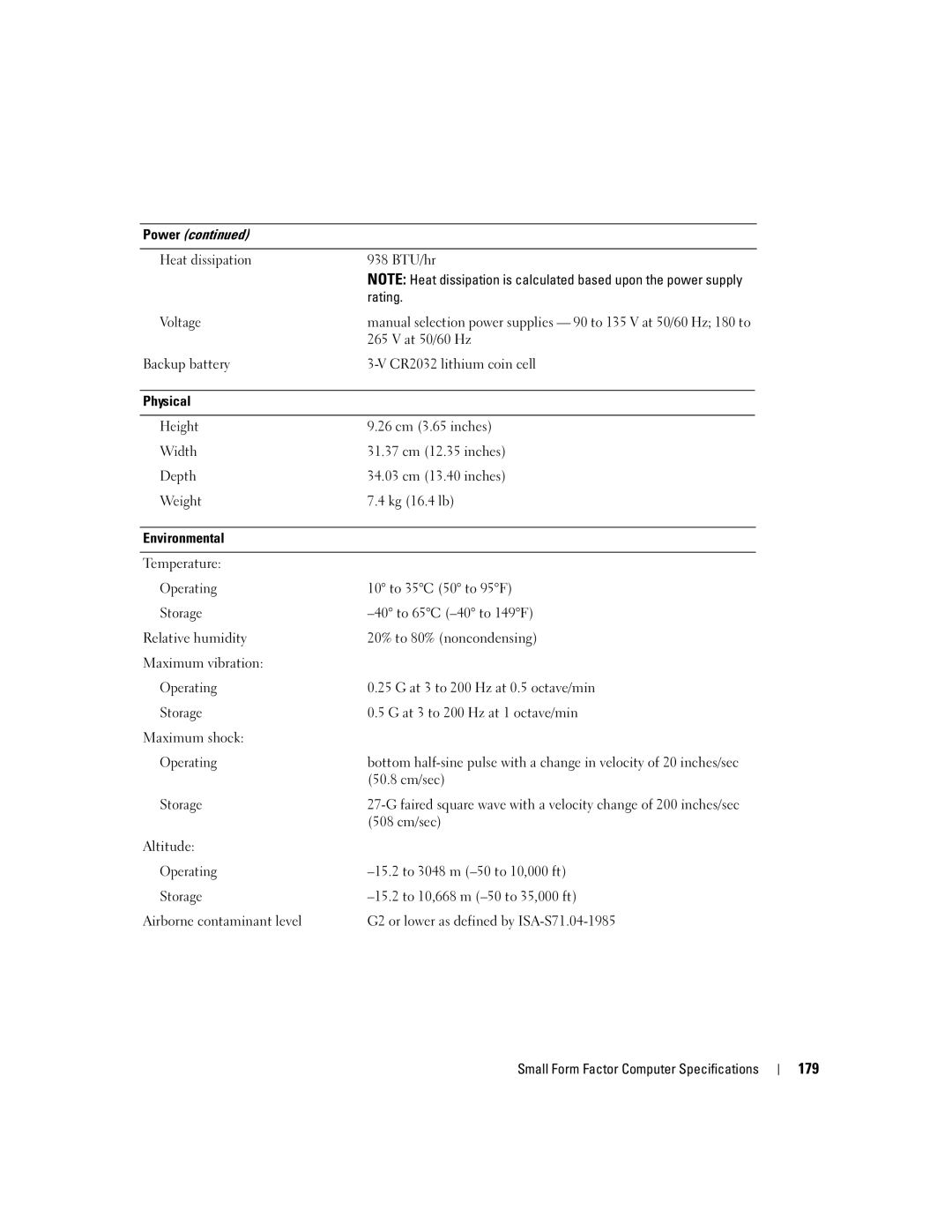 Dell 755 manual 179, Power Heat dissipation 